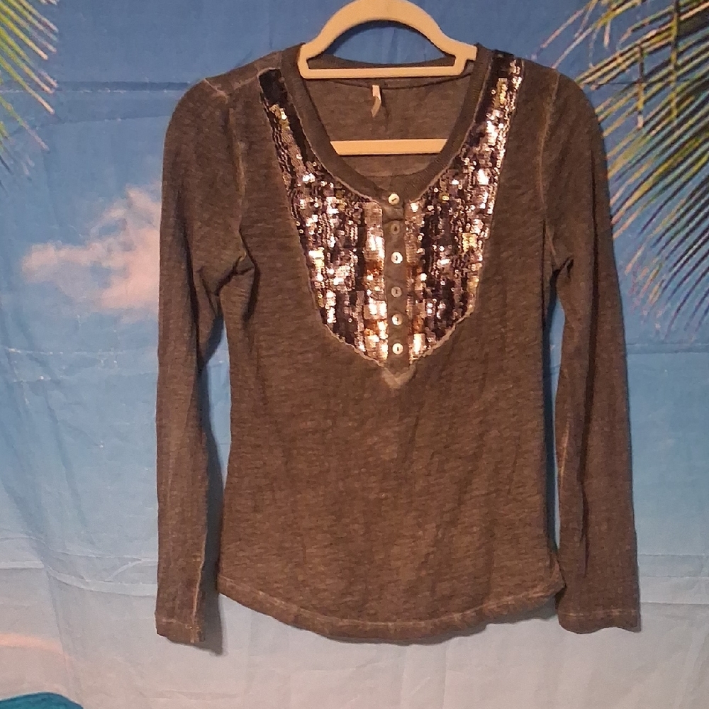 Free People Charcoal Gray Long-Sleeve Henley with Sequin Bib